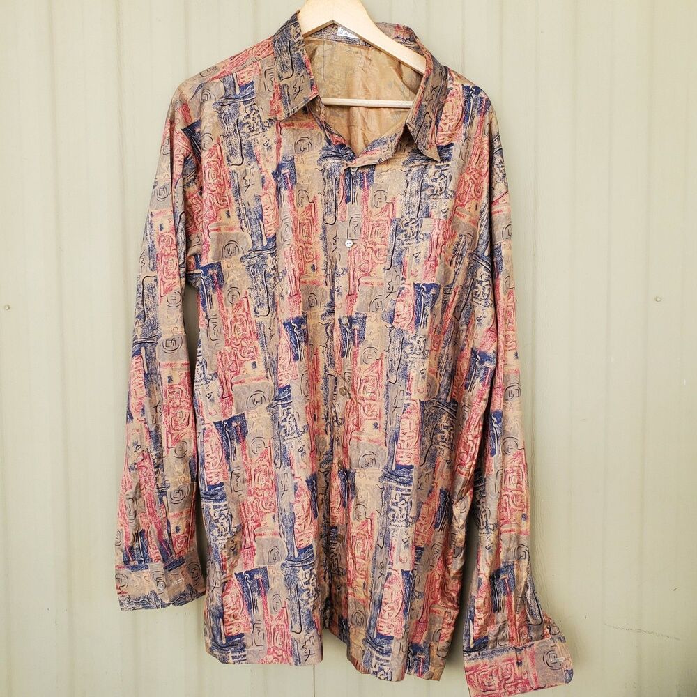 Thai Silk shirt Long Sleeve Button Down Shirt Size 3XL